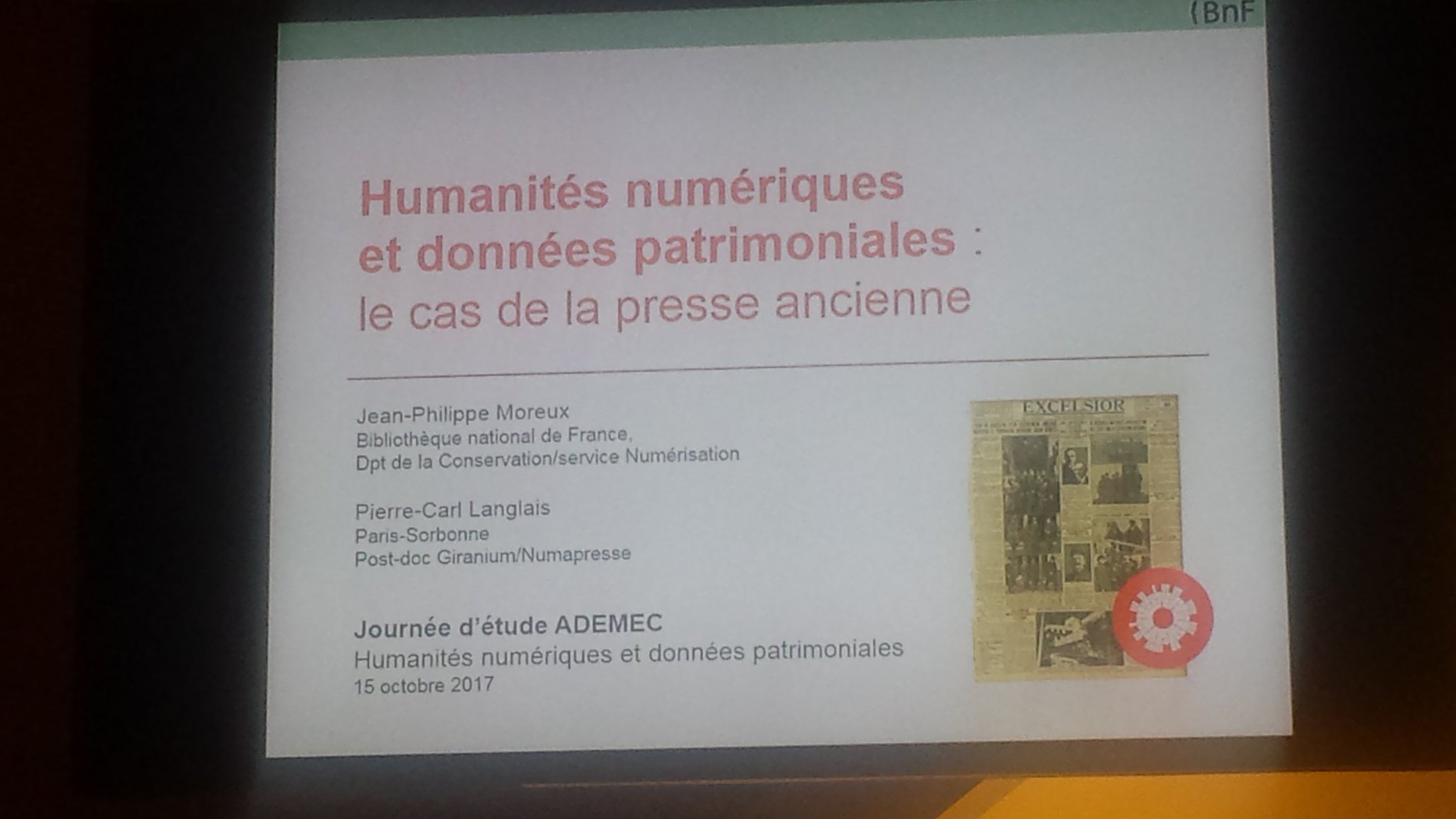 #JE_ADEMEC Intervention sur la num de la presse ancienne, ressources très populaires parmi les usagers de @laBnF https://t.co/kmPRQ5tSJW