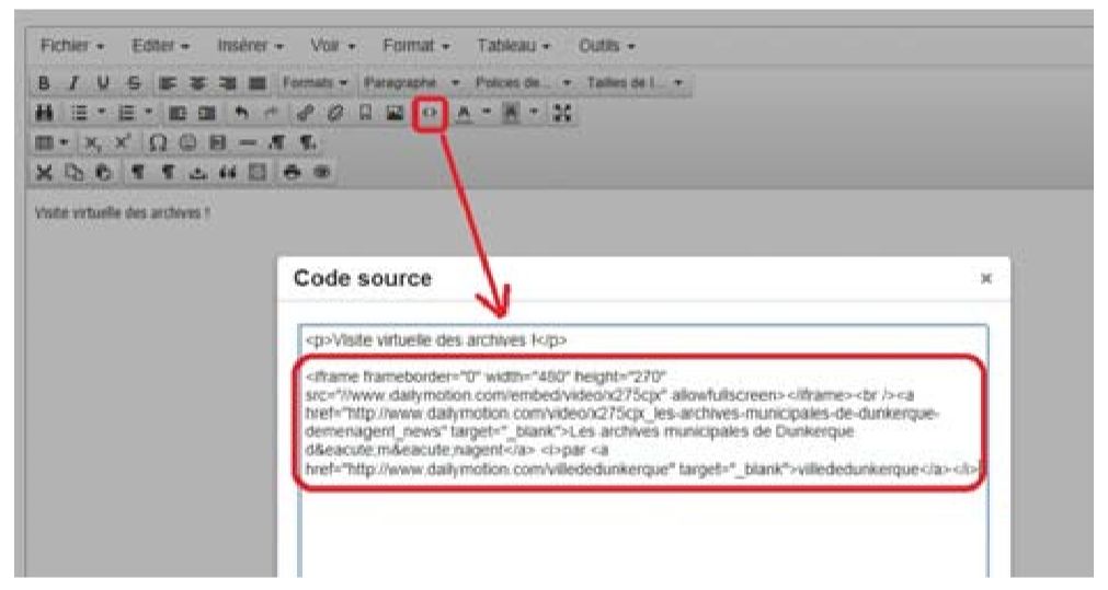 Exemple d'icône pour basculer en éditeur de texte HTML avec exemple de code d'intégration