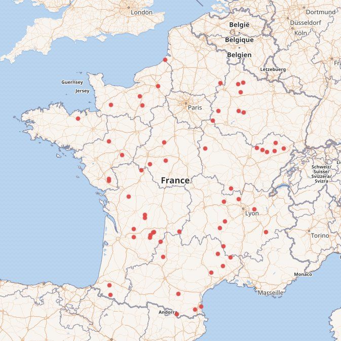 Localisation des 59 communes dont le nom fait plus de 30 caractères