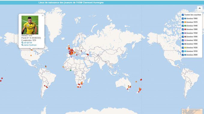 Carte des lieux de naissance des joueurs de l'ASM (carte zoomable, points cliquables et filtrables par décennie) 