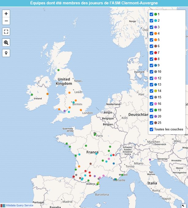 Carte des autres équipes dont été membres des joueurs de l'ASM (la couleur est fonction du nombre de membres par équipes)