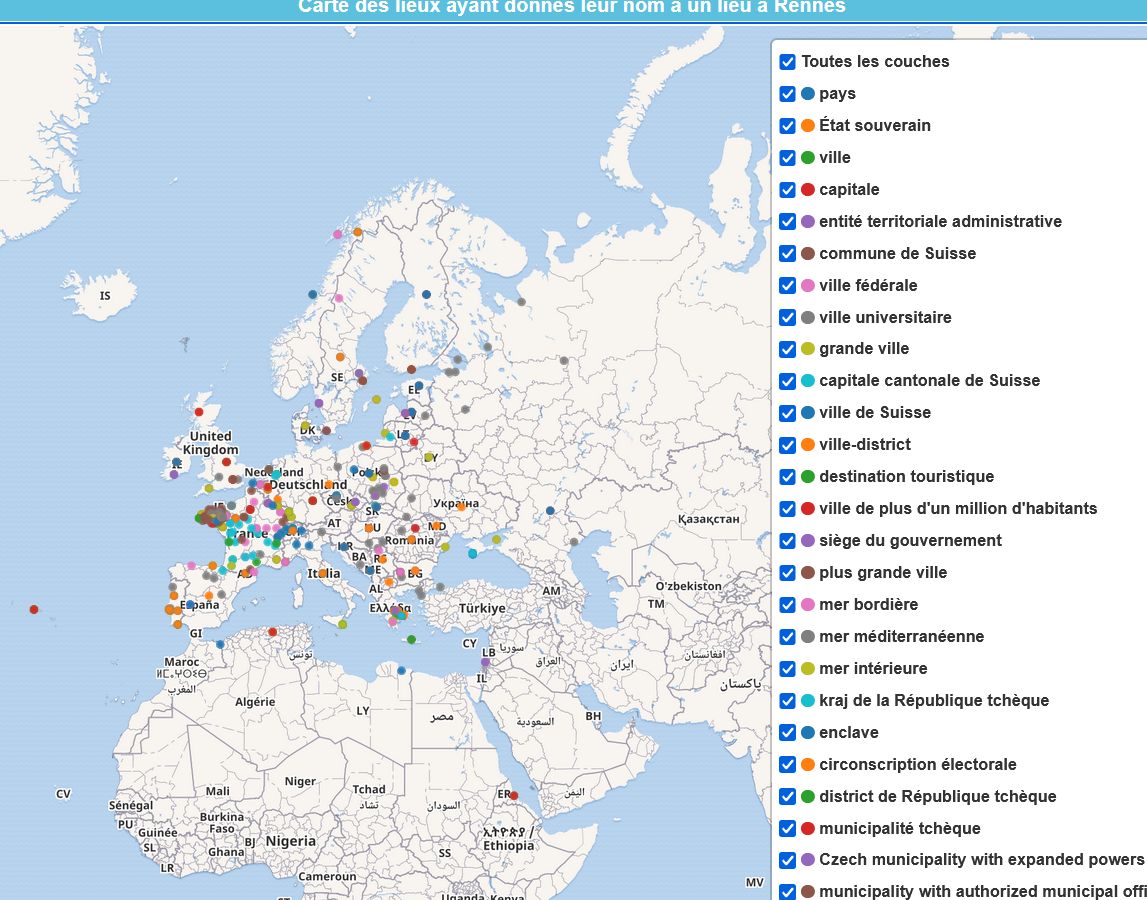 Carte des lieux ayant donnés leur nom à un lieu à Rennes